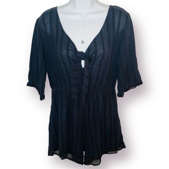 Cotton On Navy Blue Eyelet Tie Front Romper Crochet Lace Trim S - Picture 1 of 10
